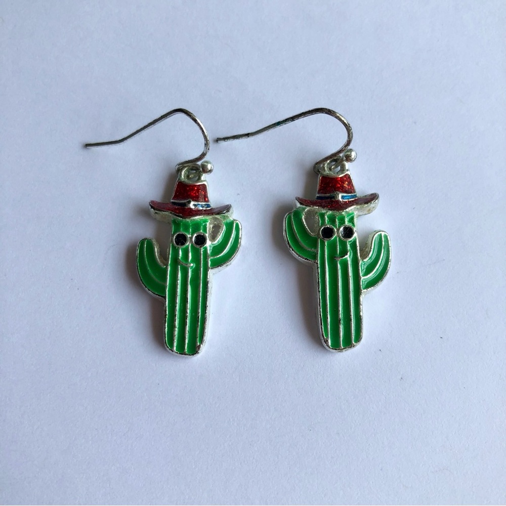 Enamel Cactus earrings red  Cowboy hat with black round sunglasses